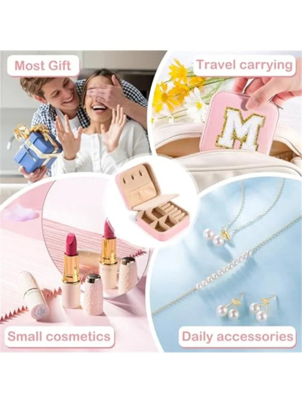 Initial Travel Jewelry Box Organizer Mirror Case PU Leather Storage Pink